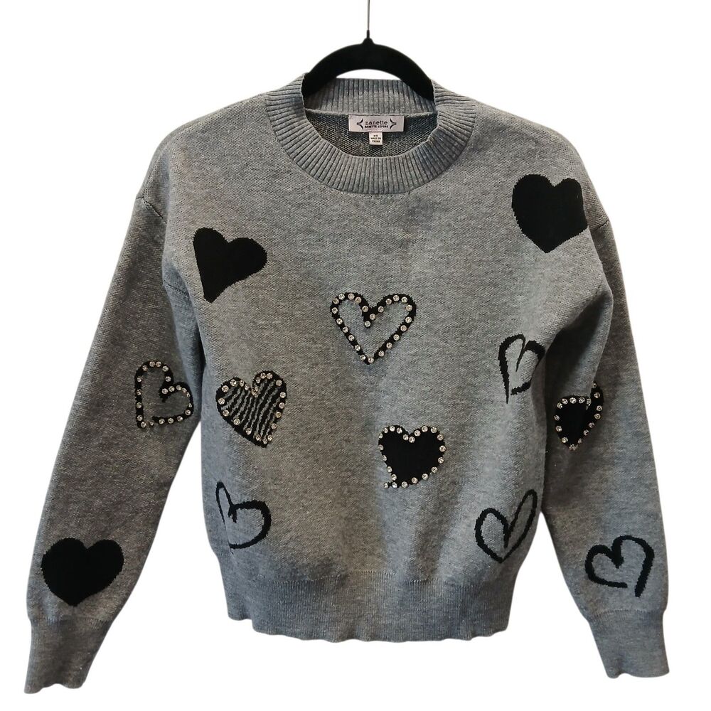 Nanette Lepore Gray Heart Sweater Rhinestone Embellished Knit Pullover Sz XS